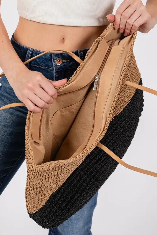 Fame Straw Braided Beach Tote Bag Axcestories